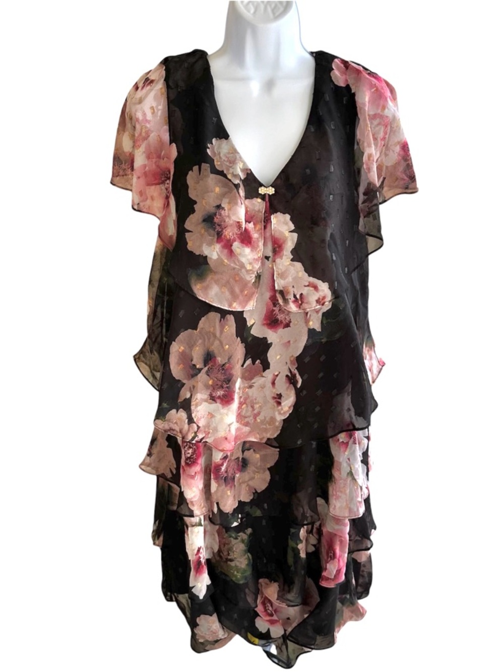 Black Floral Layered Mini Dress with Pink Bloom Print